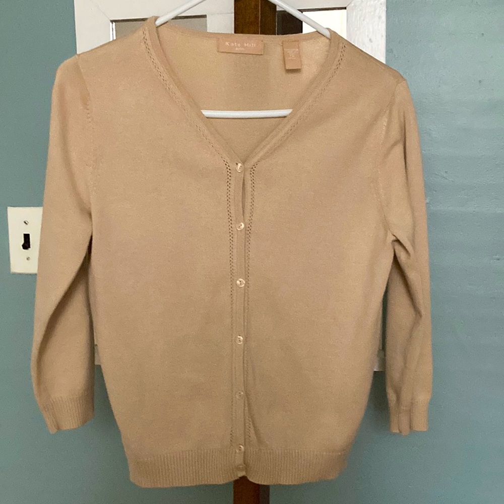 Kate Hill Petite M cardigan with pretty stitching around the borders